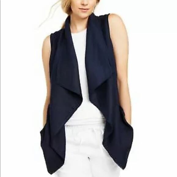 Charter Club Frayed Trim Draped Vest Intrepid Blue Medium Layering Casual LINEN - Picture 1 of 6
